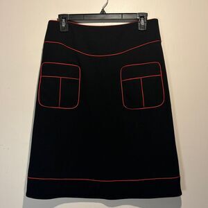 DKNY- Black Wool Blend A-Line Skirt Red Accent Detail Pockets Festive - Size 4